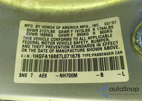 2007 Honda Civic Ex from USA, damaged, VIN 1HGFA16887L071676